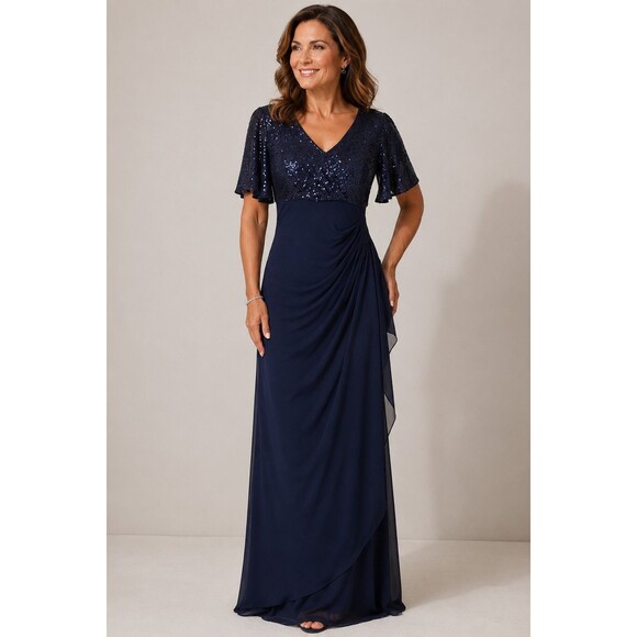 Xscape Dresses & Skirts - Xscape Navy Blue Sequin Ruffle Chiffon Maxi Dress V-Neck Flutter Sleeve Size 8